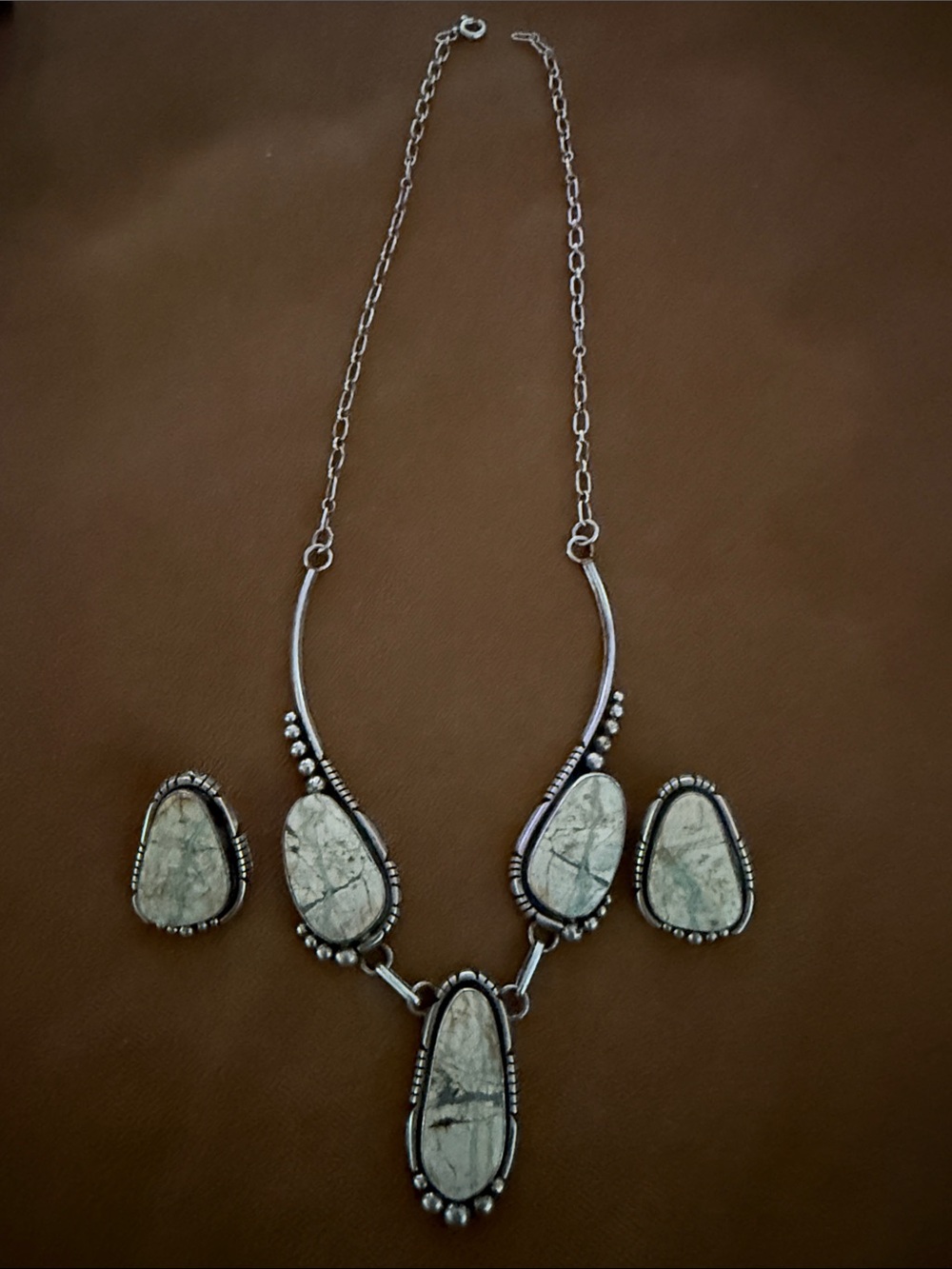 Navajo Signed Royston Ribbon Boulder Turquoise Necklace and Earrings Set